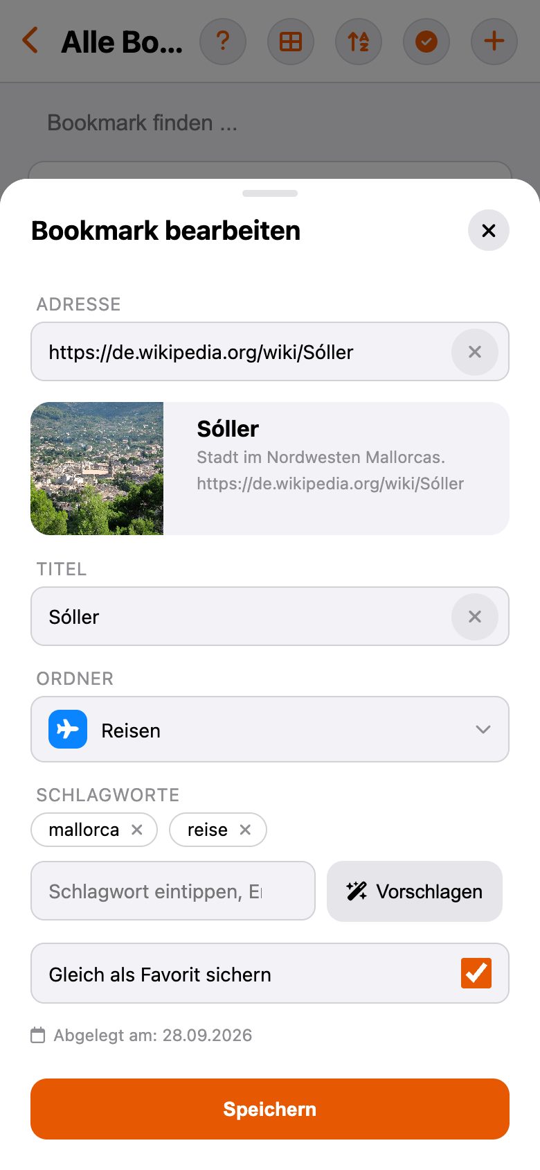 Lesezeichen bearbeiten mit Vorschau und Schlagworten