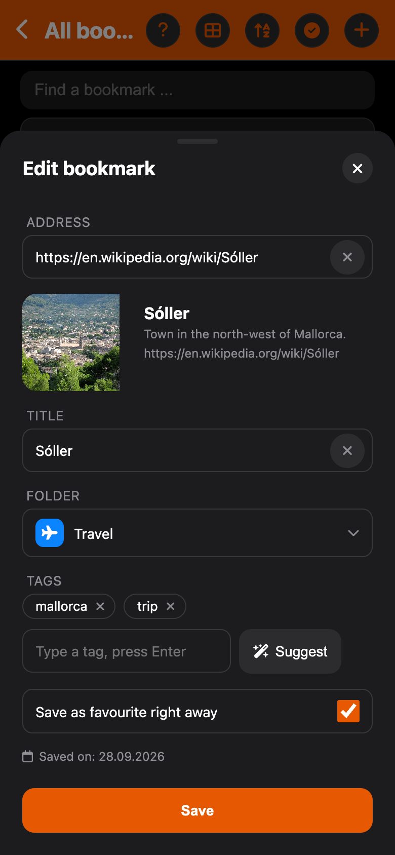 Editing a bookmark with preview and tags