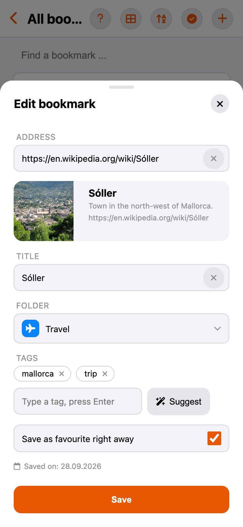Editing a bookmark with preview and tags