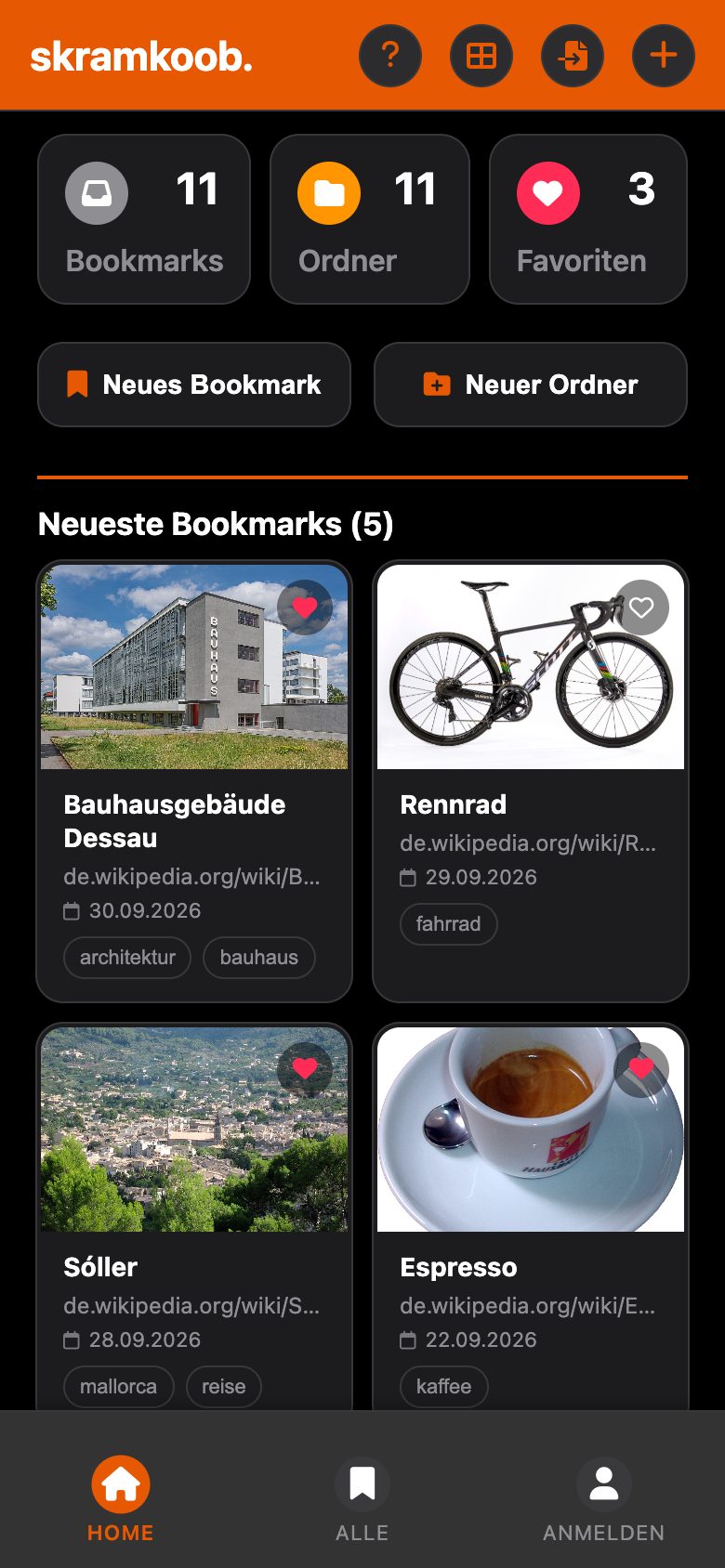 Startseite mit Zählern und den neuesten Lesezeichen