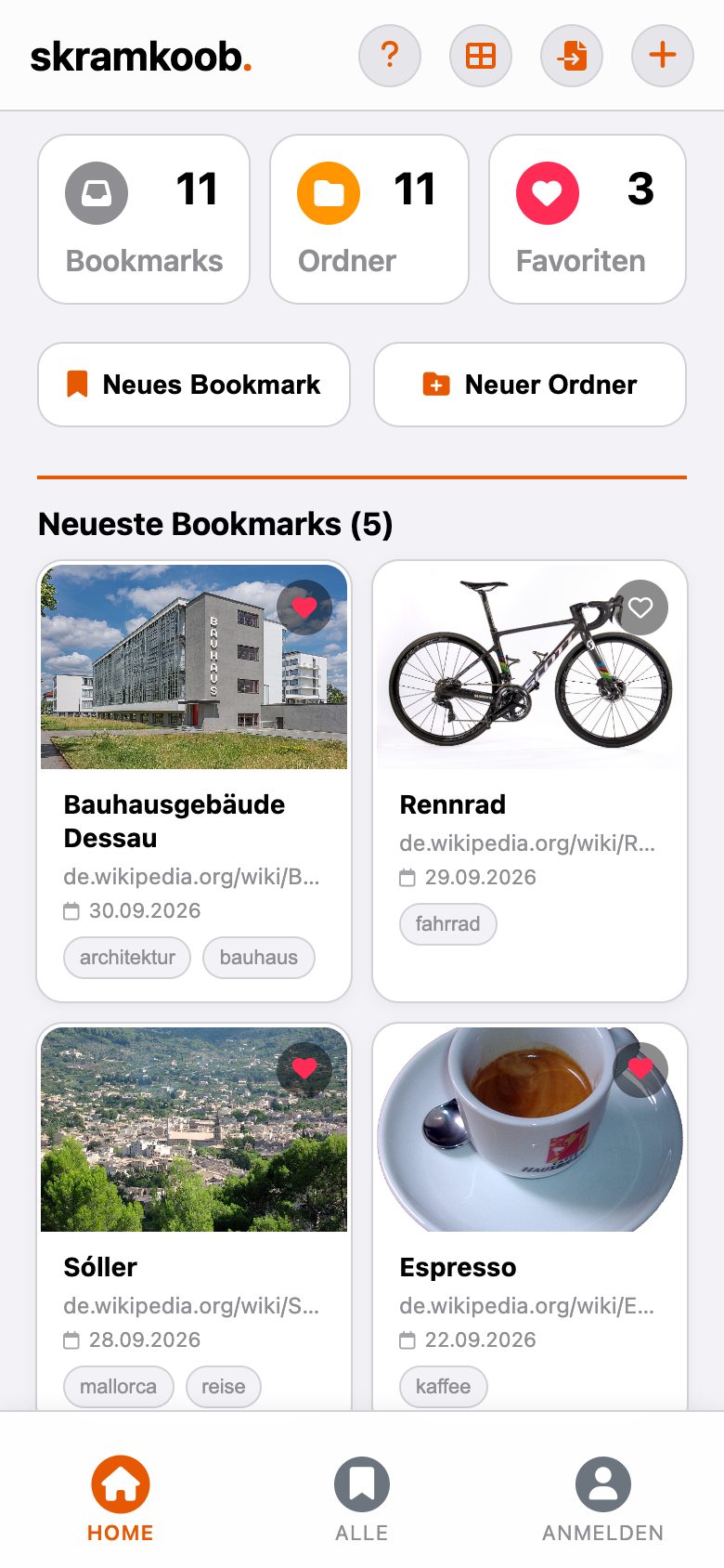Startseite mit Zählern und den neuesten Lesezeichen