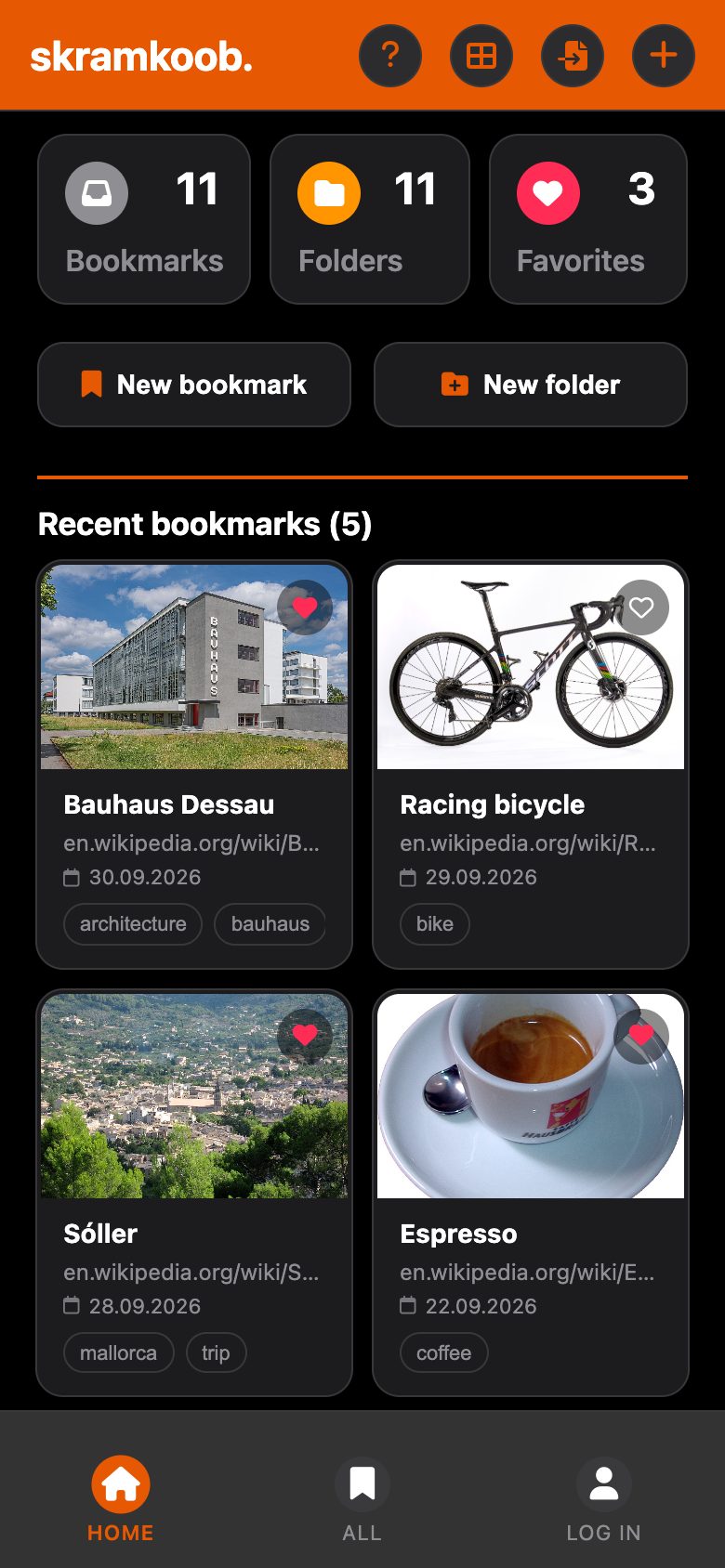 Home screen with counters and the latest bookmarks