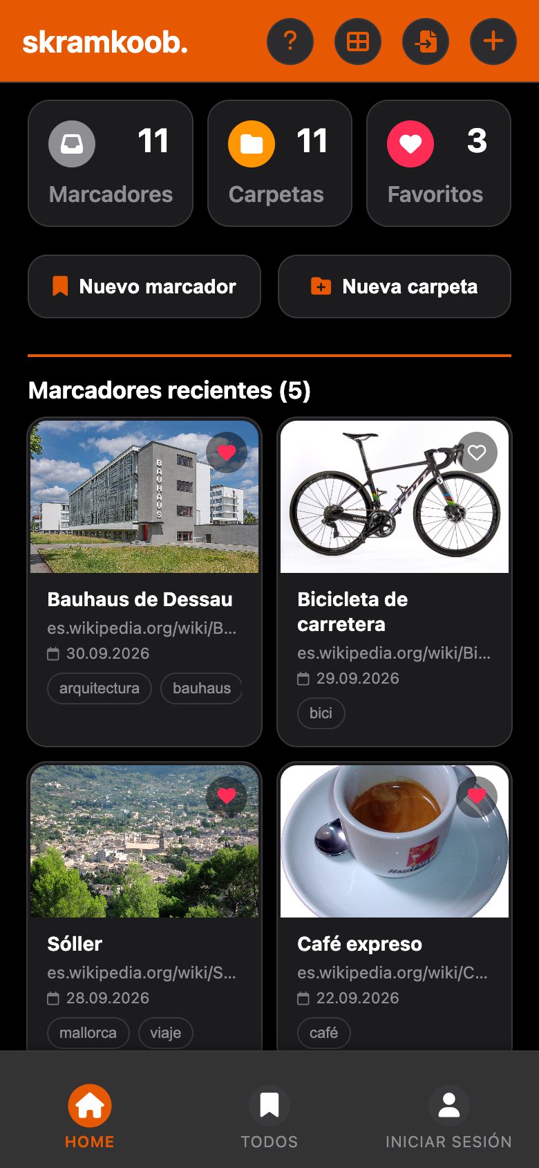 Pantalla de inicio con contadores y los marcadores recientes