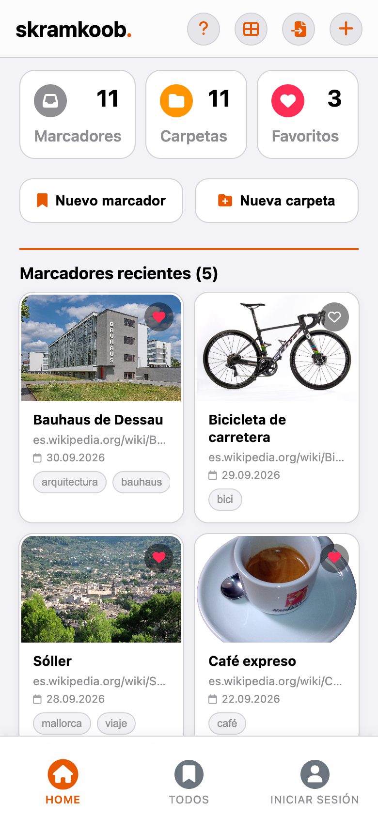 Pantalla de inicio con contadores y los marcadores recientes